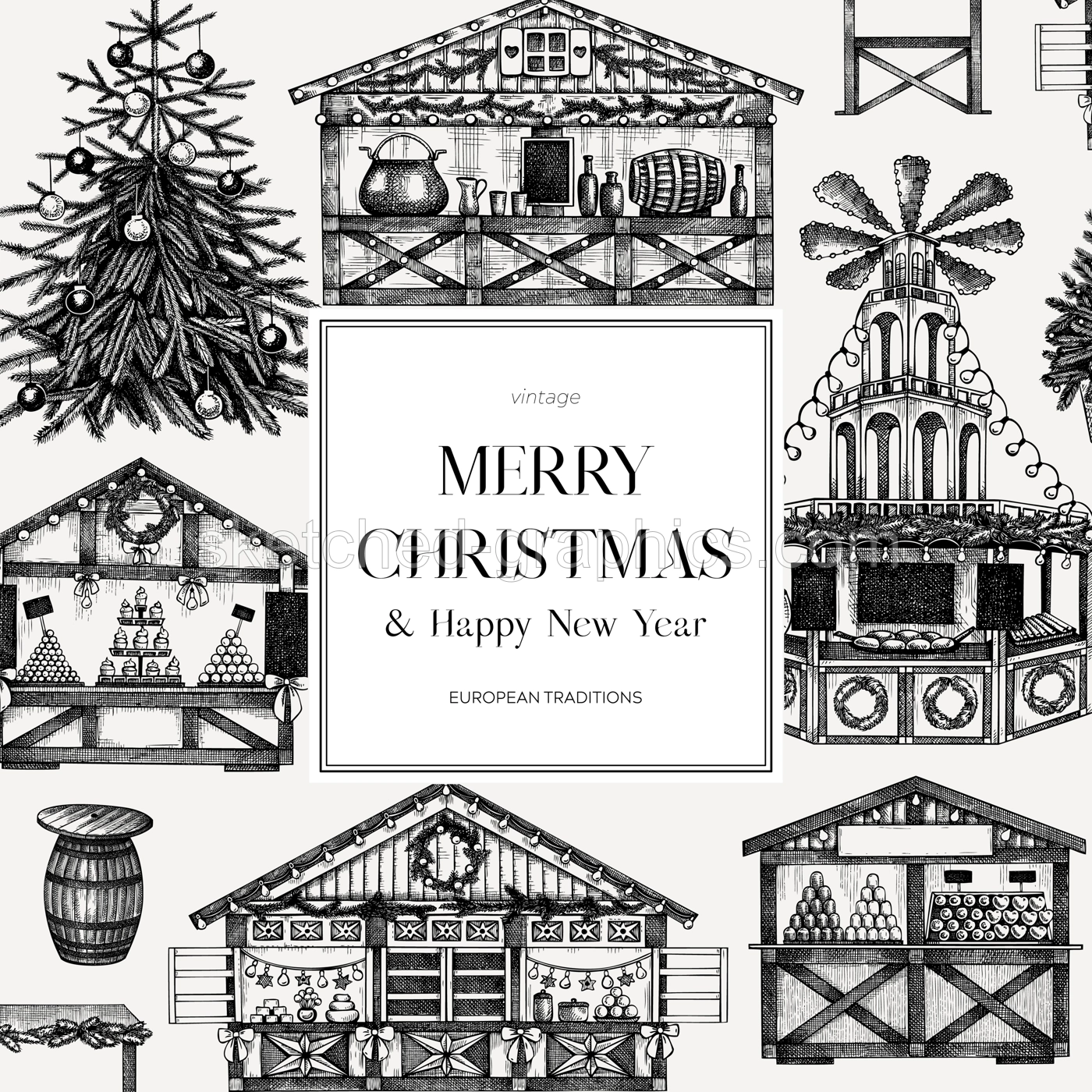 Vintage Christmas card or invitation template. Traditional European architecture. Christmas market with souvenir stalls, Christmas tree, fast food, candy shops sketches. Winter holidays background.  Illustration